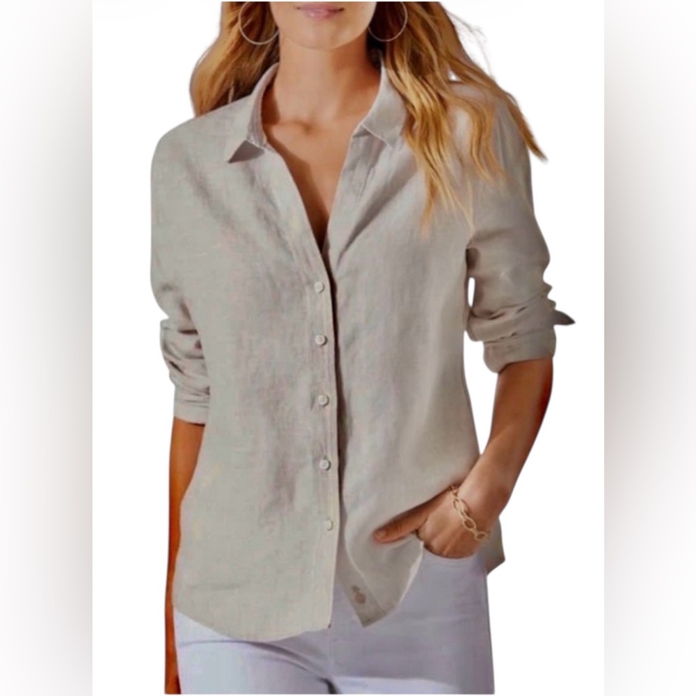 Tommy Bahama Coastlina Linen Long Sleeve Shirt in Khaki Sand Size Medium